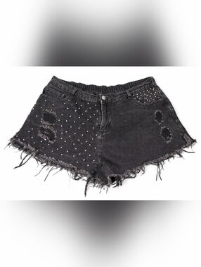 Y2K Studded Distressed Denim Shorts Black High Waist Edgy Grunge Festival